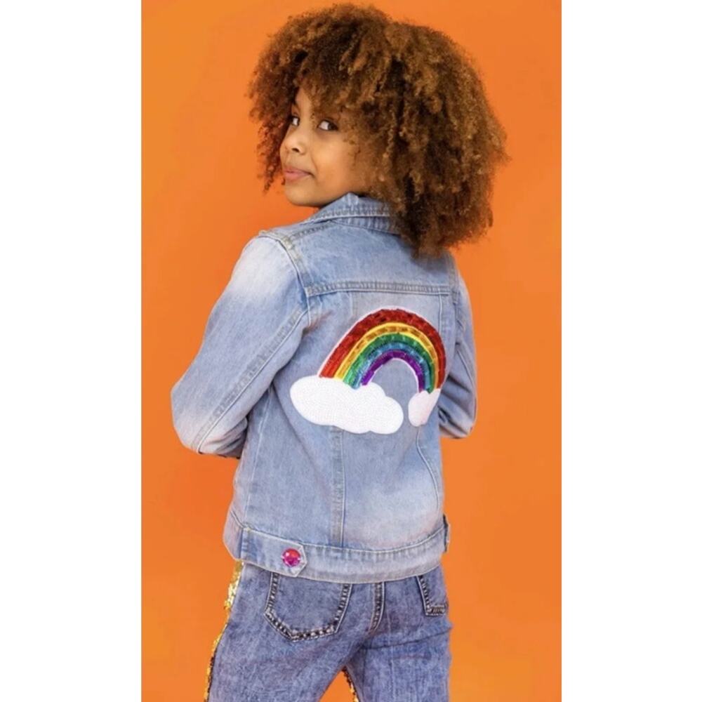 Lola + The Boys Girl's Somewhere Over The Rainbow Sequin Denim Jacket Blue 4